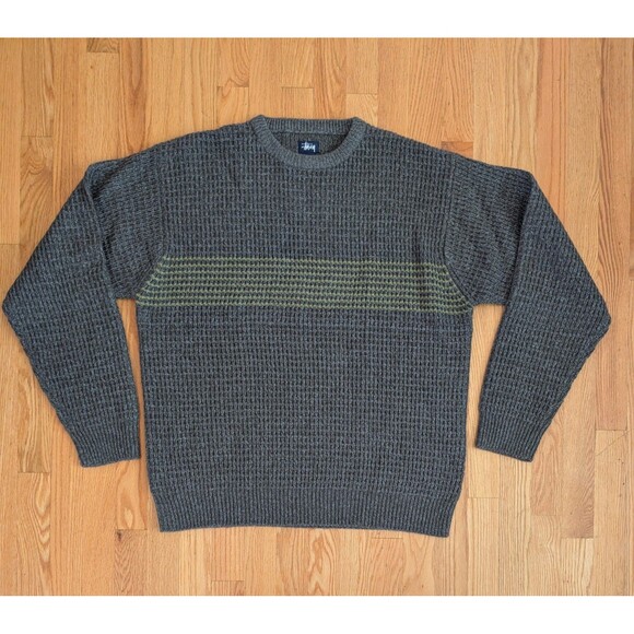 Vintage Stussy Mens Pullover Knit Sweater Large Textured Logo Chunky Heavyweight - Picture 1 of 10